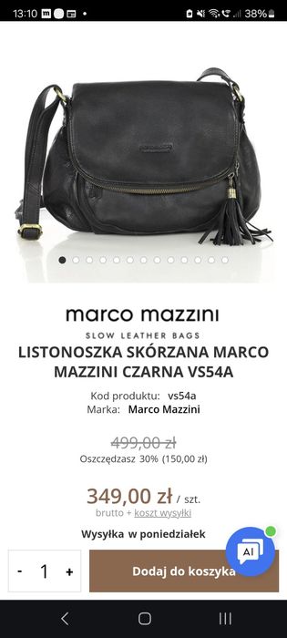 Nowa torebka Marco Mazzini czarną skórzana przez ramię z ch