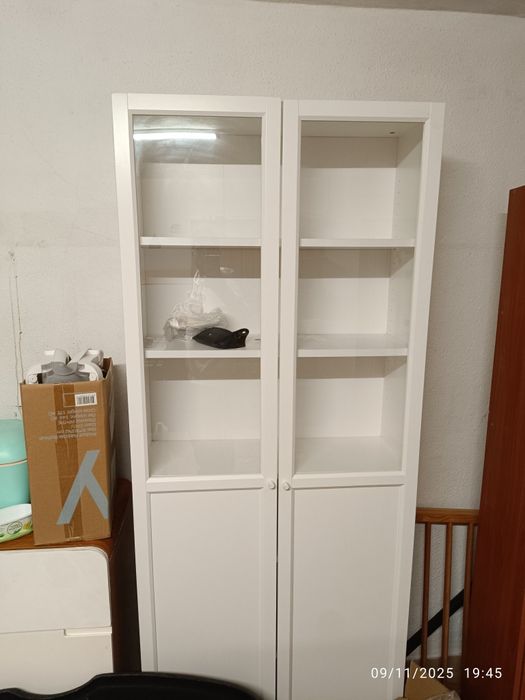 Estante c/painel/portas de vidro, branco, 80x30x202 cm