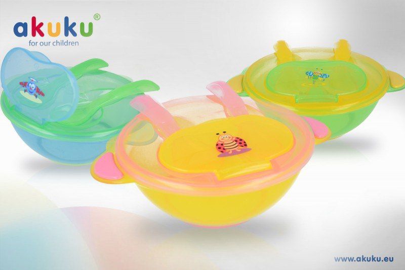 Тарiлка-контейнер антипідслизгова з ложкою та виделкою "АKUKU" Польща