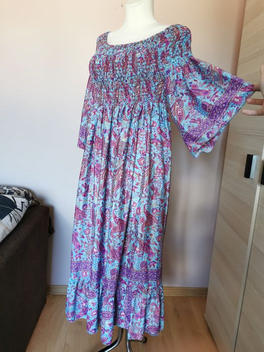 Sukienka poly silk jedwab niebieska maxi jedwabna letnia M L XL 38 40 42 różowa