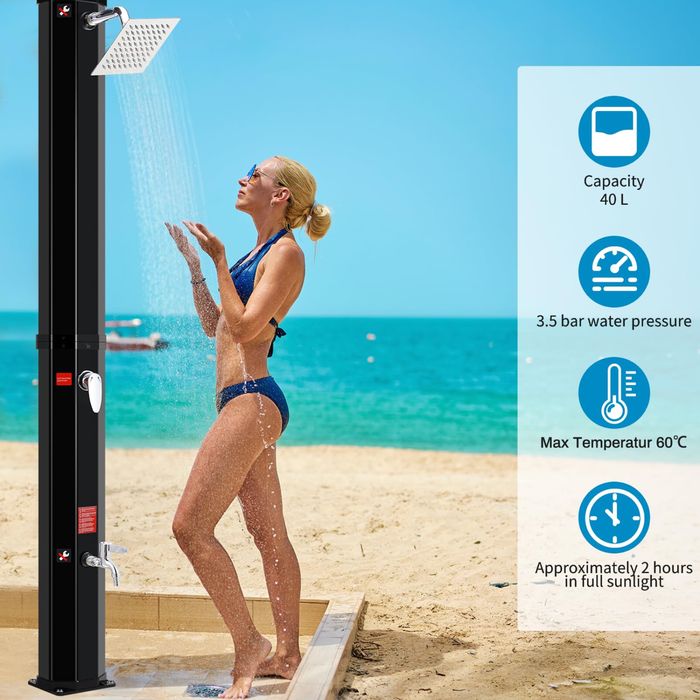 Prysznic solarny ogrodowy LIFERUN 40L, czarny, regulowana temperatura, 228 cm