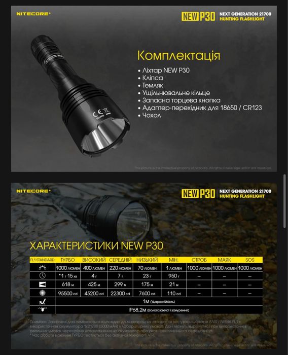 Nitecore P30 NEW Тактичний Далеко Ліхтар (1000 Люмен - 618 Метрів)