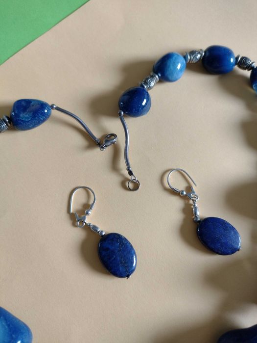 Komplet granat korale agat + kolczyki lapis lazuli
