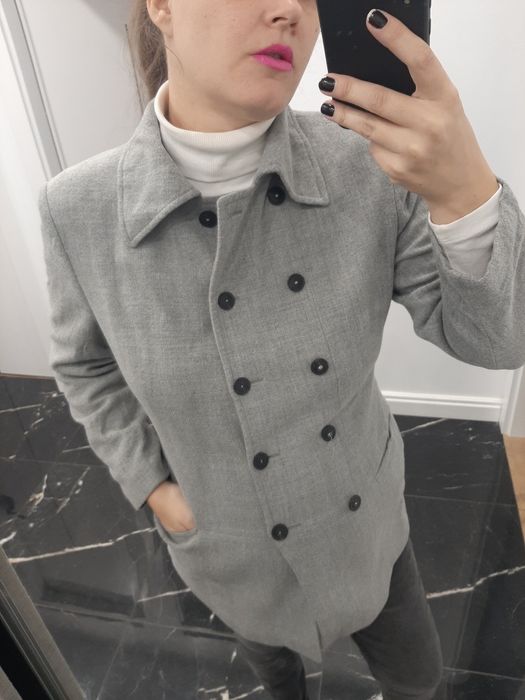Marynarka płaszcz dwurzędowy wełna wool vintage grey modny elegancki l