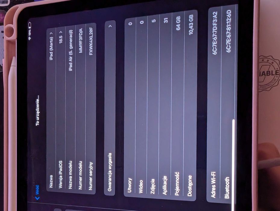 iPad Air 10.9" 5 gen. 64 GB + etui, klawiatura i apple pencil 2gen