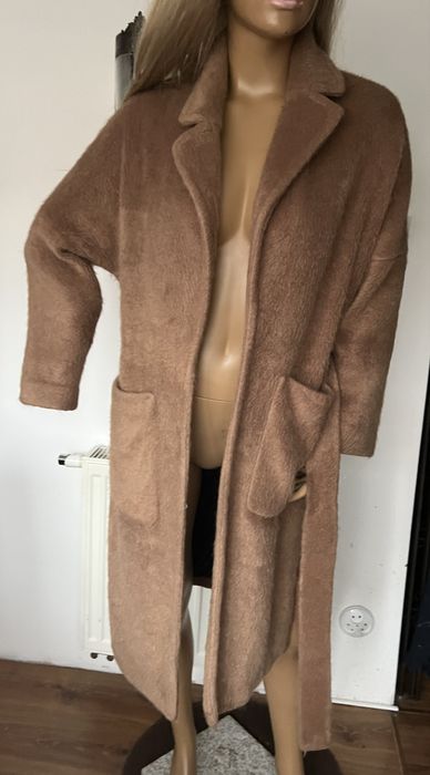 Zara płaszcz karmelowy brązowy długi S capucino oversize wiązany