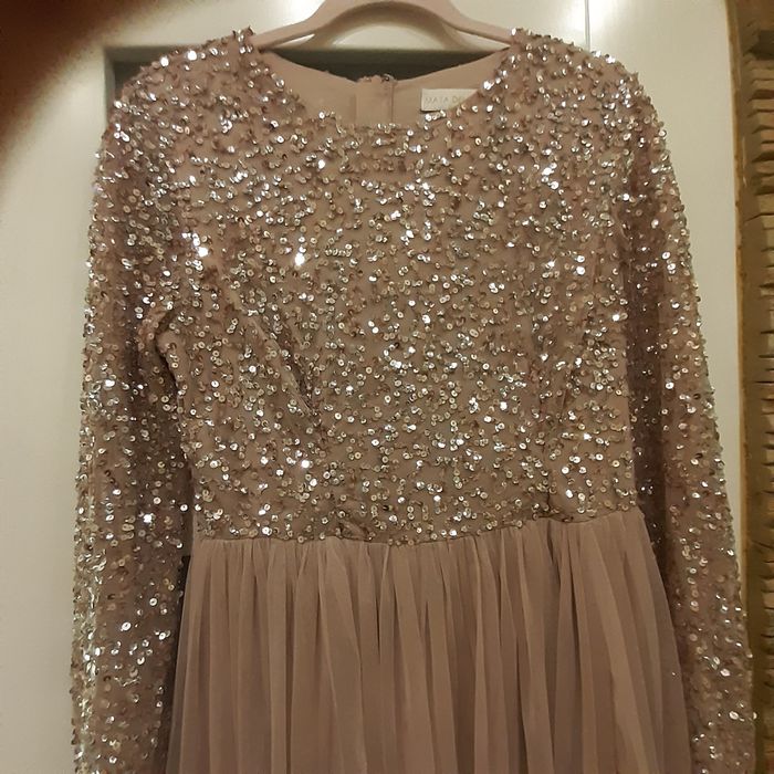 Sukienka cekiny, tiul, wesele, pudrowy róż