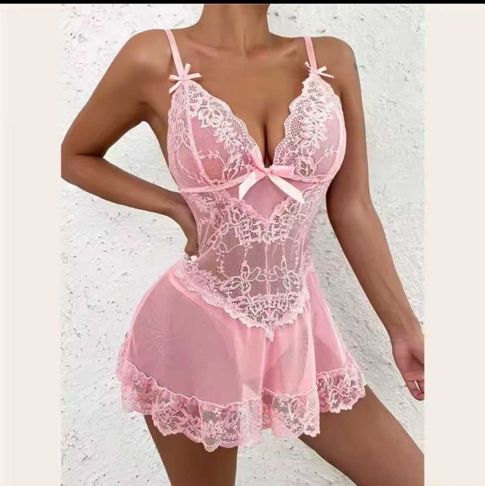 zestaw koronkowy biustonosz koszula kostium erotyczny różowy roz M