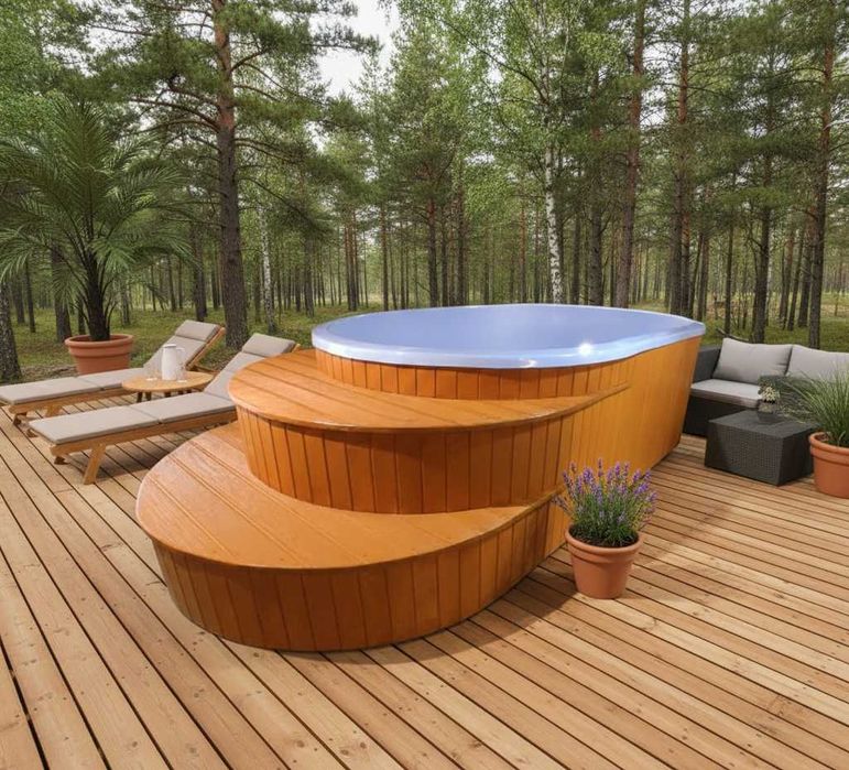 Mobilna sauna z jacuzzi piecem schodki balia basen transport