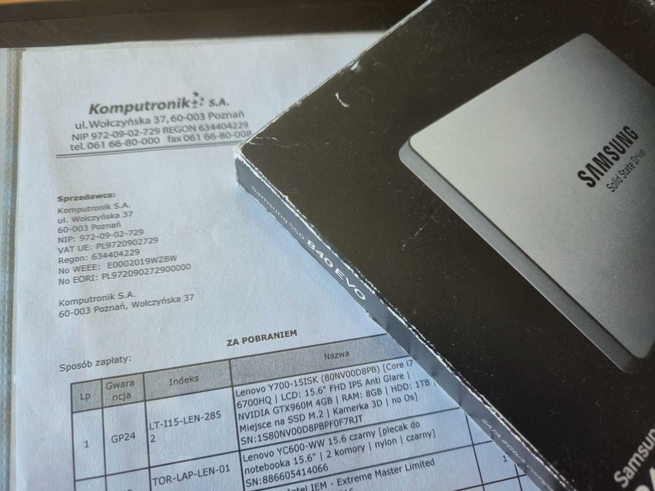 laptop Lenovo Y700-15ISK, i7, 32GB RAM, SSD 500GB, plecak, FV, kam.3D,