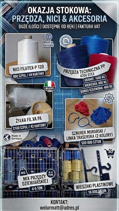 Wyprzedaż stokowa: Przędza włókiennicza, linka taserska, wieszaki plastikowe (Hurt / Pakiety) Ceny zależne od ilości (Negocjacje)