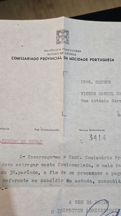 Carta do Comissariado Provincial da Mocidade Portuguesa - Angola