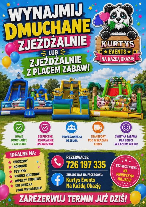 Wynajem dmuchana zjeżdżalnia, plac zabaw, Piana party, Animacje