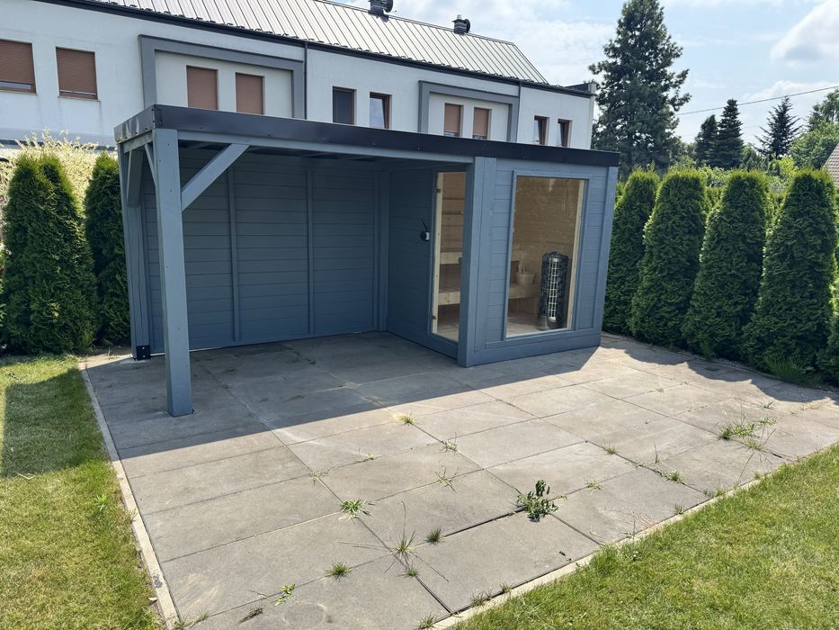 Sauna ogrodowa elektryczna piec Harvia sauna z zadaszeniem balia jacuzzi