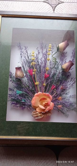 Quadros antigos com flores desidratadas