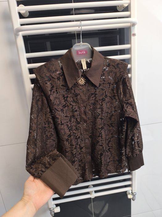 Elegancka koronkowa koszula w czekoladowym brązie  | L/40 | jak nowa