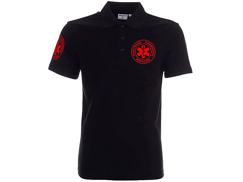 Koszulka Polo ratownicza czarna męska FUNKCYJNA - nadruk FLUO przód +