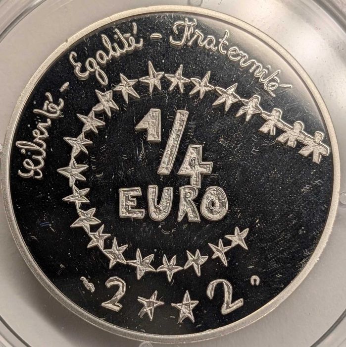 Moeda 1/4 euro francesa, em prata, do ano 2002 com certificado