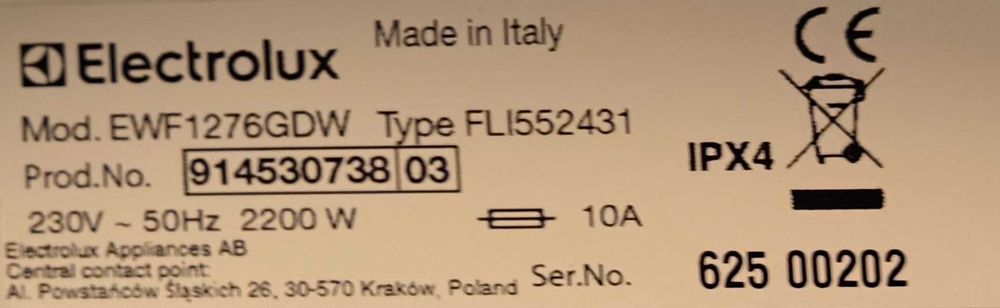 Pralka Elektrolux EWF1276GDW, programy parowe 7 kg, 1200 obr/min.