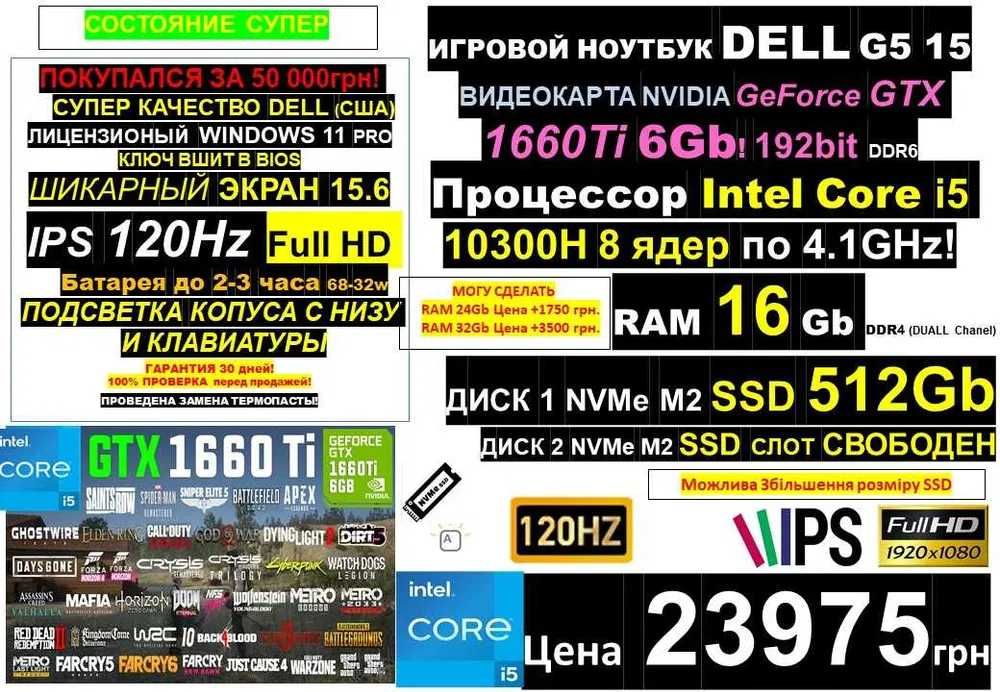 150+ Ноутбуківℹ️120Hz‼️TOP DELL GTX1660Ti‼️Core i5/SSD 512Gb/RAM 16-32Gbℹ️Traid-in‼️Розтрочкаℹ️