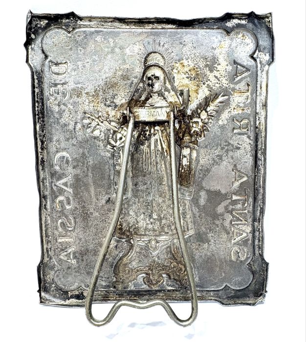 Antiga imagem religiosa “Santa Rita de Cassia”  com banho em prata - marcada