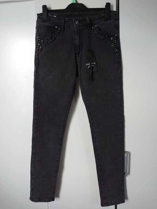 Itaimaska Jeans Grafitowe Jeansy Kryształki Cyrkonie Perełki 48 XXXXL