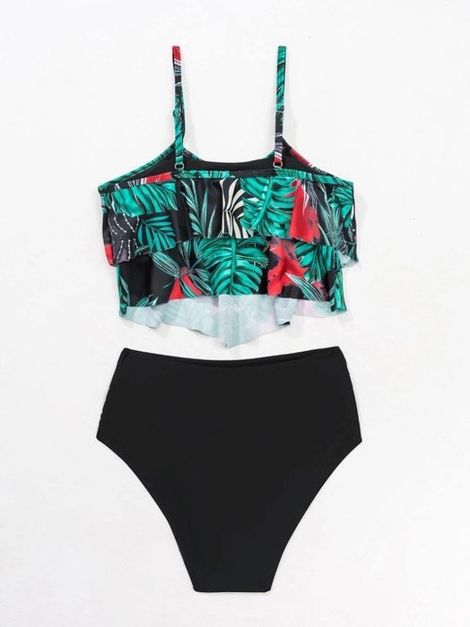 Strój Kąpielowy Dwuczęściowy Boho Liście Kostium Wysoki Stan Bikini Xl