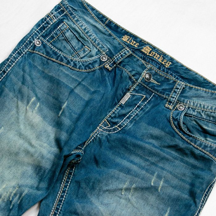 Blue Monkey y2k spodnie jeansowe 34/32us biodrówki hafty przetarcia