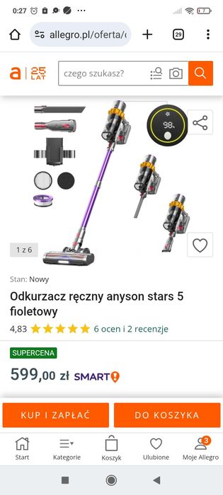 Anyson star 5 odkurzacz pionowy 550 Wat bardzo mocny 2 lata gwarancji
