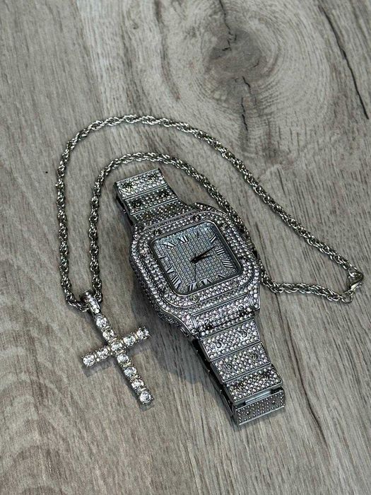 zegarek Ice cyrkonie srebrny cyfry rzymskie Drip 40mm + naszyjnik