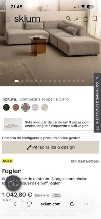 Sofá modular de canto em 3 peças/chaise longue e puff