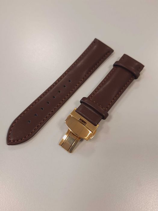 Brązowy Pasek skórzany do zegarka 22mm złota klamra motylkowa nowy