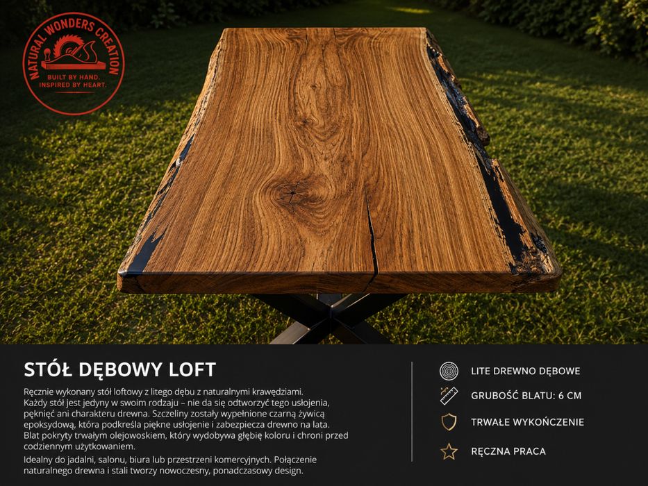 Stół LOFT jednolity blat DĘBOWY grubość 6 cm 180x80-90cm