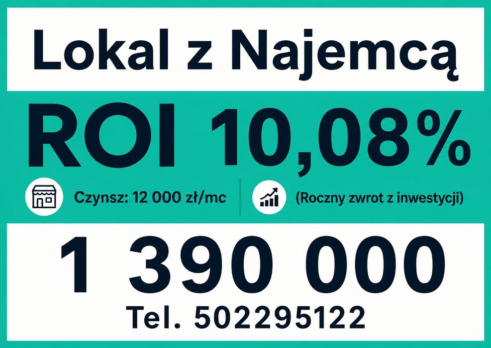 Lokal z najemcą ROI  10.08%   czynsz 12000/mc gotowiec inwesycyjny