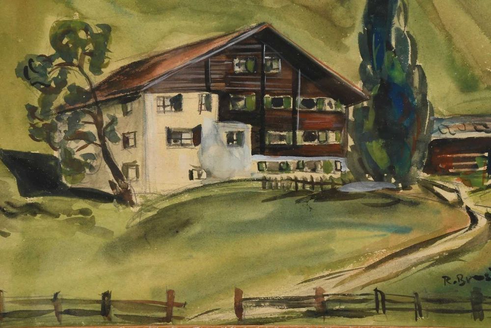 Akwarela Dom w Alpach R Brosi 1946 w zloconej ramie 24x31
