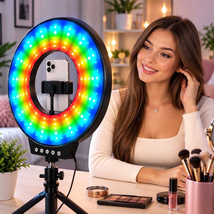 Кольцевая лампа RGB 26 см LED для селфи блогера TikTok стрима макияжа фото видео USB от павербанка кольцевой свет студийная лампа держатель телефона