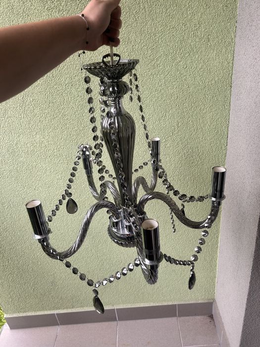 Szklany żyrandol wiszacy ozdobny srebrny vintage lampa