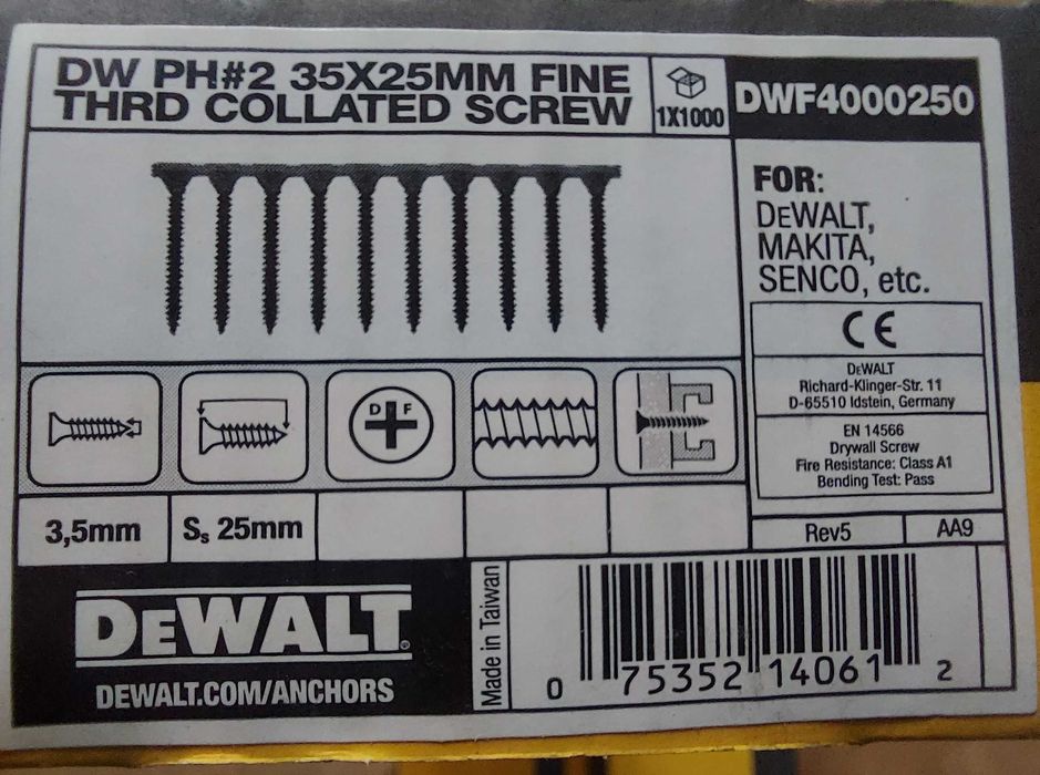 Шурупы DeWALT в лентах DWF4000250 3,5*25mm под гипсокартон