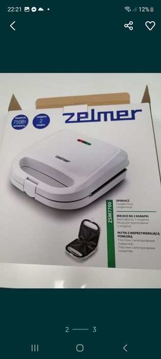 Opiekacz do kanapek Zelmer moc 7700. Nowy