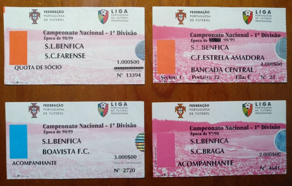 Lote de antigos bilhetes de futebol dos anos 90