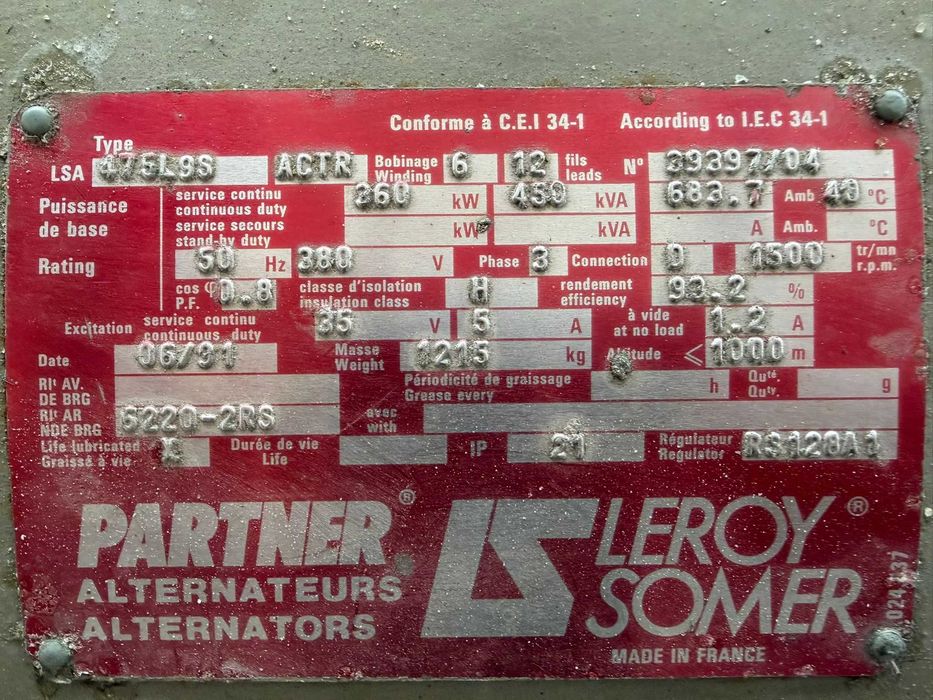 Gerador/Alternador Leroy Somer - 450kVA - Excelente estado – 183 horas