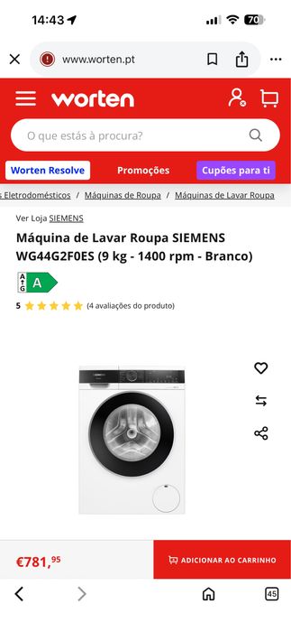 Máquina de Lavar Roupa SIEMENS WG44G2F0ES (9 kg - 1400 rpm - Branco)