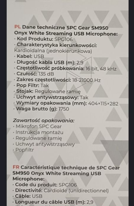 Mikrofon SPC Gear sm950 Onyx White ( Mikrofon + Osłona )