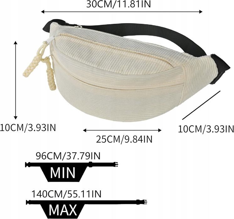 Nerka Saszetka Damska Męska Ecru Pojemna Podróżna Biodrowa Sztruksowa