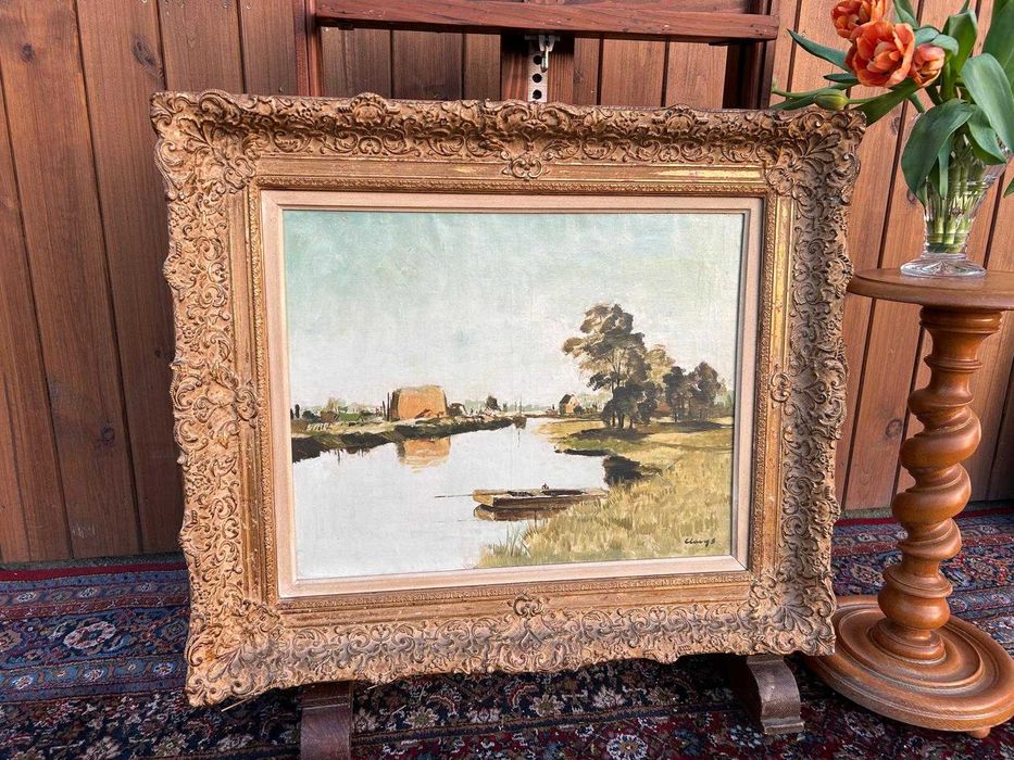 Piękny obraz, pejzaż z rzeką i wsią #9116 Stylowy Węgrów