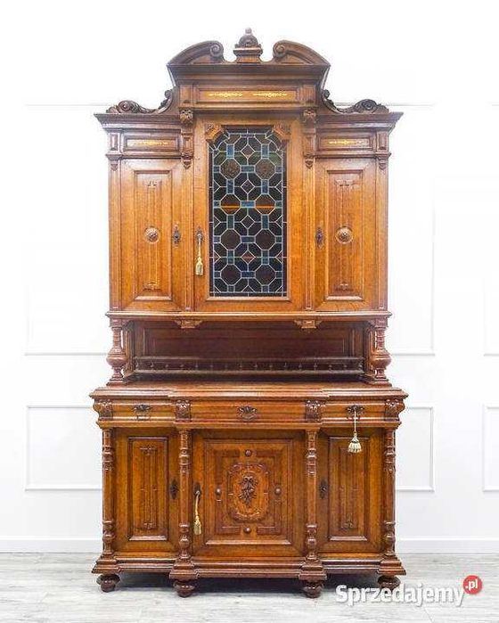 Antyk Wysoki KREDENS drewniany zdobiony KREDENS DĘBOWY Witraż lata 20.