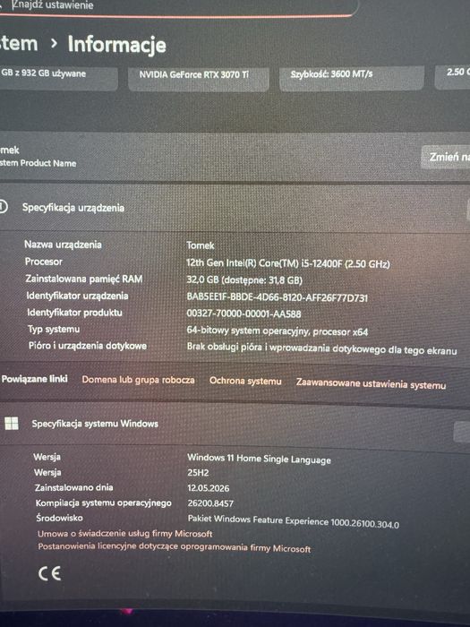 RTX 3070 Ti / 32GB RAM /  i5-12400F + akcesoria Logitech