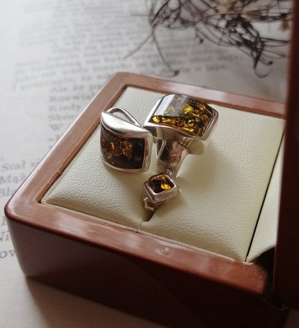 Kpl srebrny bursztyn zielony kolczyki wisiorek pierścionek 13 srebro