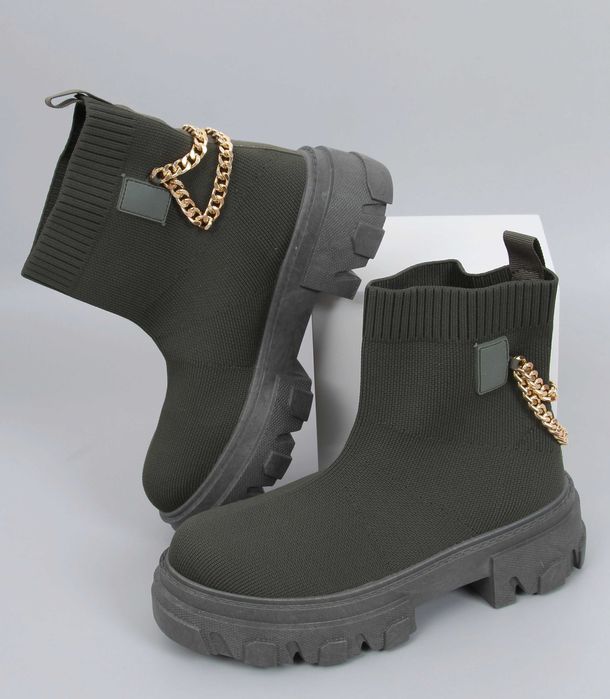 Nowe botki damskie elastyczne ze złotym łańcuszkiem zielone khaki 36