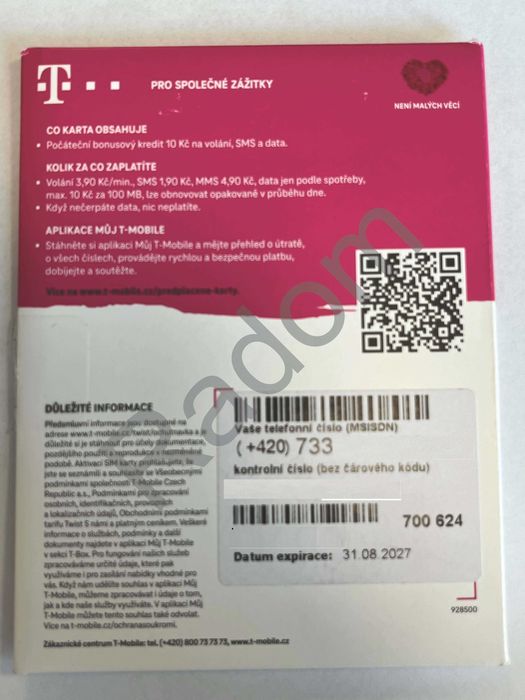 Czechy sim karta T-mobile 10kc saldo nowe czeskie startery